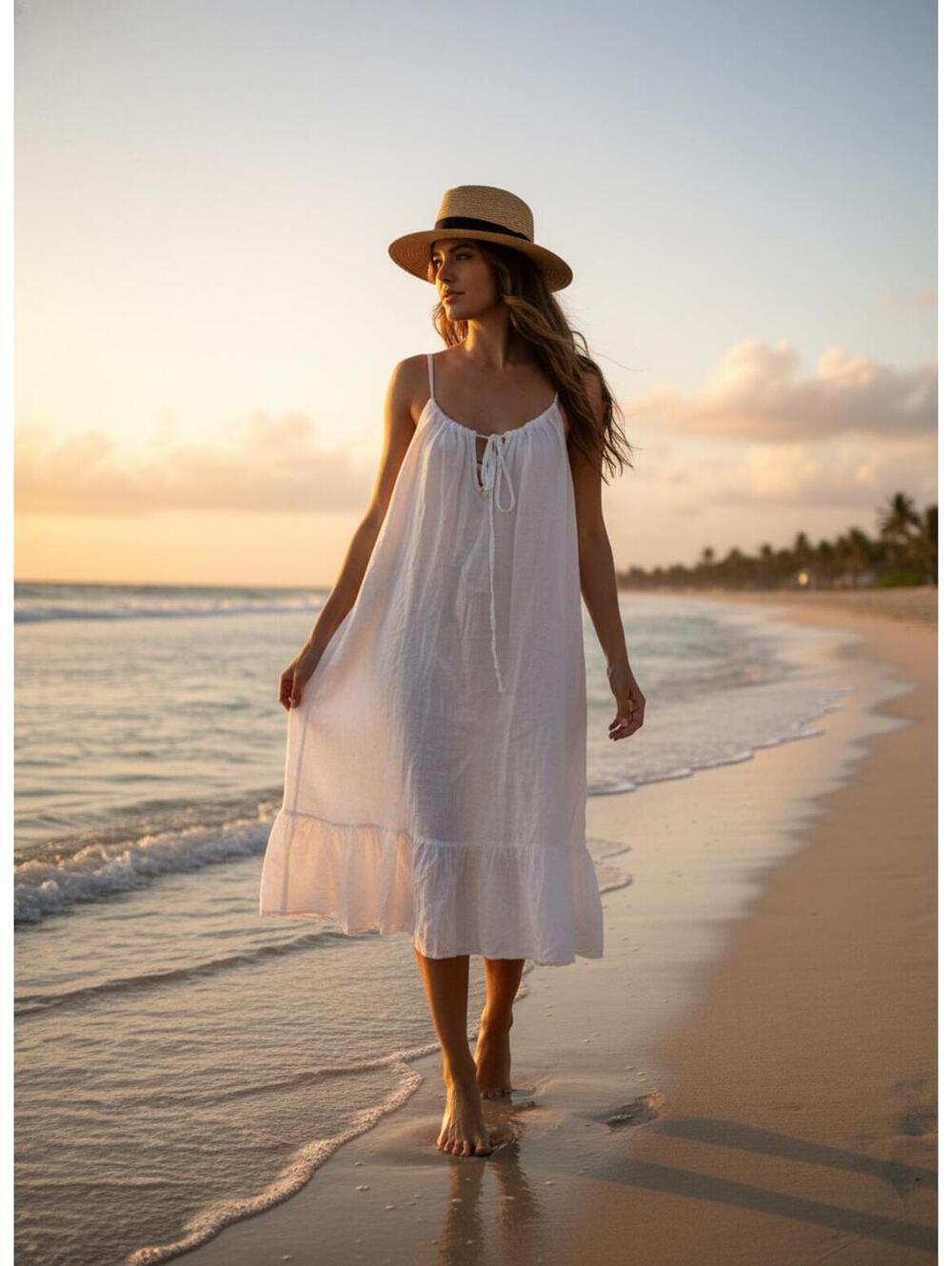 Wodemaya White Linen Sleeveless Dress with Ruffle Hem Made in Italy L/XL
